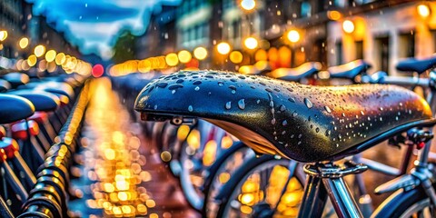 Obraz premium Close-Up of a Wet Bicycle Saddle with Water Droplets After Rain, Showcasing Urban Cycling Infrastructure and Rental Bikes in the Background on a Rainy Day