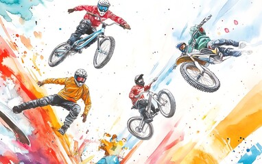 Fototapeta premium Dynamic watercolor painting of four extreme athletes in mid-air: snowboarder, BMX biker, and two motocross riders