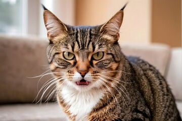 Cat with a furious face against a blurred living room background with copy space. Angry cat at home.