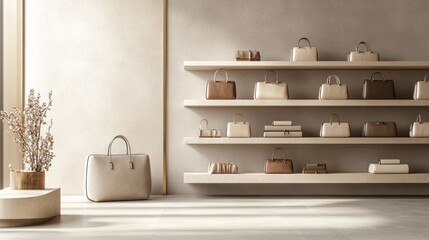A refined retail environment featuring premium designer handbags on minimalist shelves, with neutral tones and golden accents enhancing the look