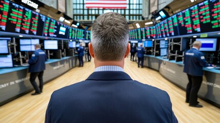 Fototapeta premium Stock Exchange Trading Floor Business Finance Market Investment Broker Analyst Trader Screens Data