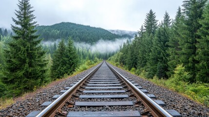 Fog envelops the old railroad track, creating a serene atmosphere as it leads through the dense forest under soft morning light