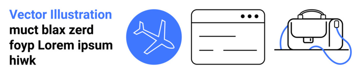 Airplane inside blue circle, webpage outline, and luggage with handle and strap. Ideal for travel blogs, booking sites, airport guides, travel agencies, packing tips, airline websites, tourism