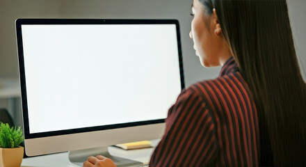 young woman using computer at work close up mock up of white screen