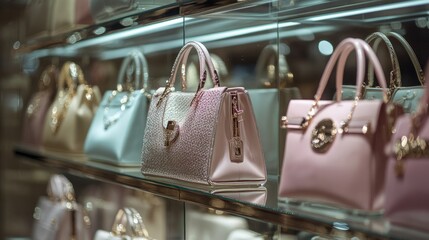 Luxury handbags and accessories artfully arranged on glass shelves in an upscale store, with soft-focus background lighting creating a refined ambiance