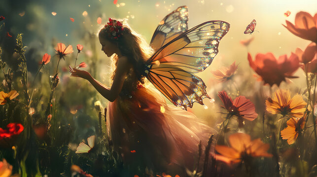 Side view of a fairy girl with wings standing among flowers in mysterious sunlight