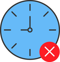 Blue clock face with black hands, red circle with white 'X' symbol overlapping the clock.
