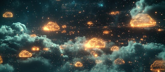 Glowing cloud formations in a dark, starry night sky.