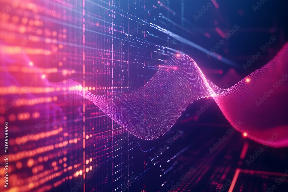 Poster abstract digital wave with glowing particles and lines representing data flow and technology.