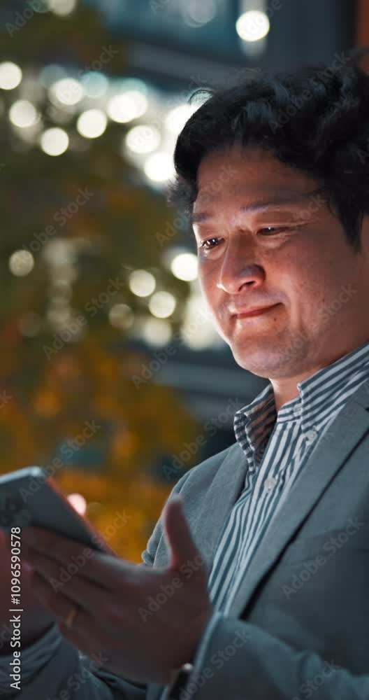 Poster phone, typing and night with business with japanese man in city for online report, contact or chat. 