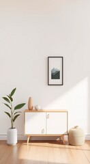 Minimalist living room with white cabinet and plant.