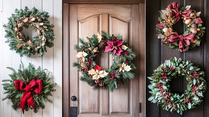 Fototapeta premium Beautiful Christmas Wreaths Decorated with Red Bows and Pine Cones