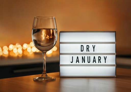 Dry january sign with wine glass on wooden table - Powered by Adobe