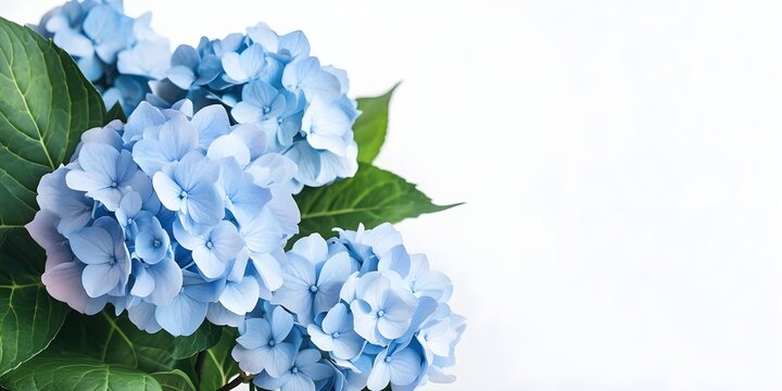 Soft blue hydrangeas in bloom. Delicate petals and lush green leaves. - Powered by Adobe