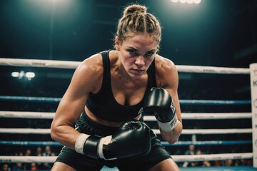 Fototapeta premium Athletic female boxer in boxing ring leaning on rope concentrating before the fight