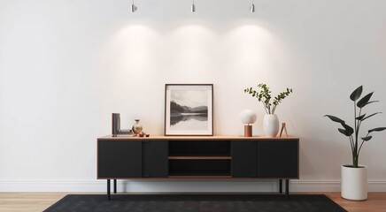 Modern living room interior with black cabinet and plants.