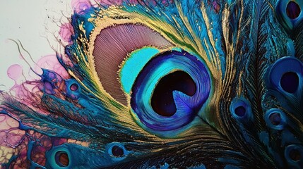 Obraz premium Colorful Macro View of Peacock Feather with Intricate Patterns and Vibrant Hues Capturing Nature's Beauty in a Stunning Visual Representation