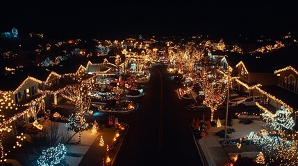 Fototapeta premium Festively Decorated Neighborhood with Holiday Lights at Night