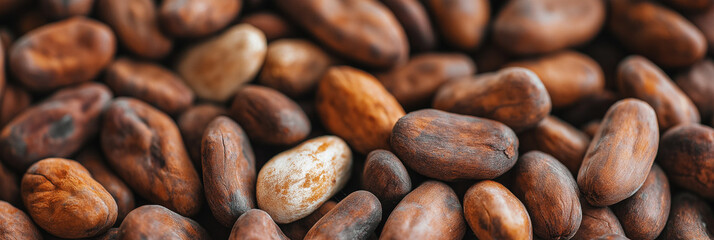 Obraz premium A close-up view of various shades of cocoa beans scattered, showcasing diversity in color and texture, essential for chocolate production and culinary arts.
