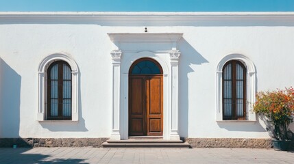 Obraz premium Elegant white building facade with wooden door and arched windows