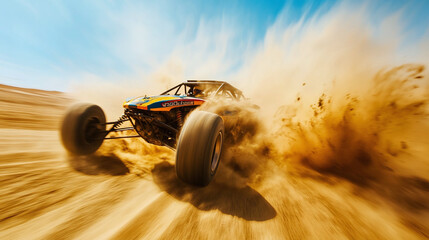 Obraz premium A close-up of a colorful buggy racing through golden desert sand, with dust clouds swirling around and a clear blue sky above