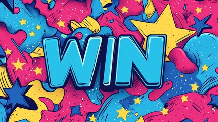 Colorful "WIN" text on an abstract background with stars.