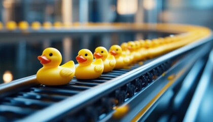 Lateral View of a Conveyor Belt with Rows of Bright Yellow Rubber Duck Toys in a Modern Industrial Setting
