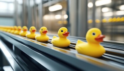 Lateral View of Conveyor System with Rubber Ducks in a Factory Setting Highlighting Automated Production Line