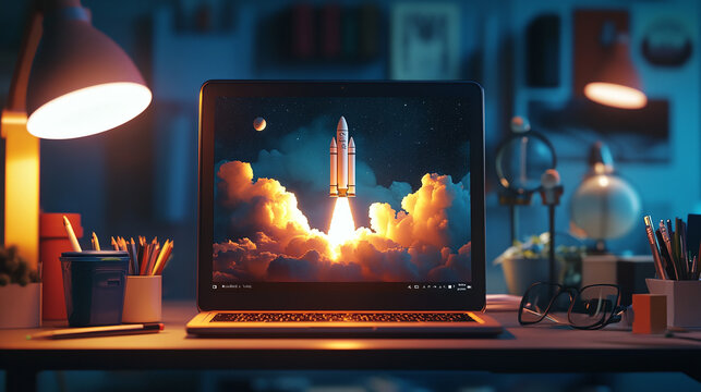 A close-up of a laptop screen displaying a rocket launch simulation, surrounded by office supplies and a glowing desk lamp