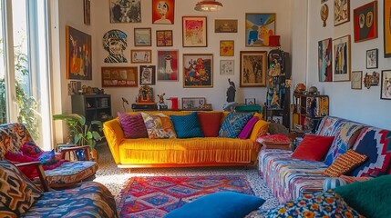 Obraz premium Vibrant Colorful Living Room with Unique Art and Cozy Furniture
