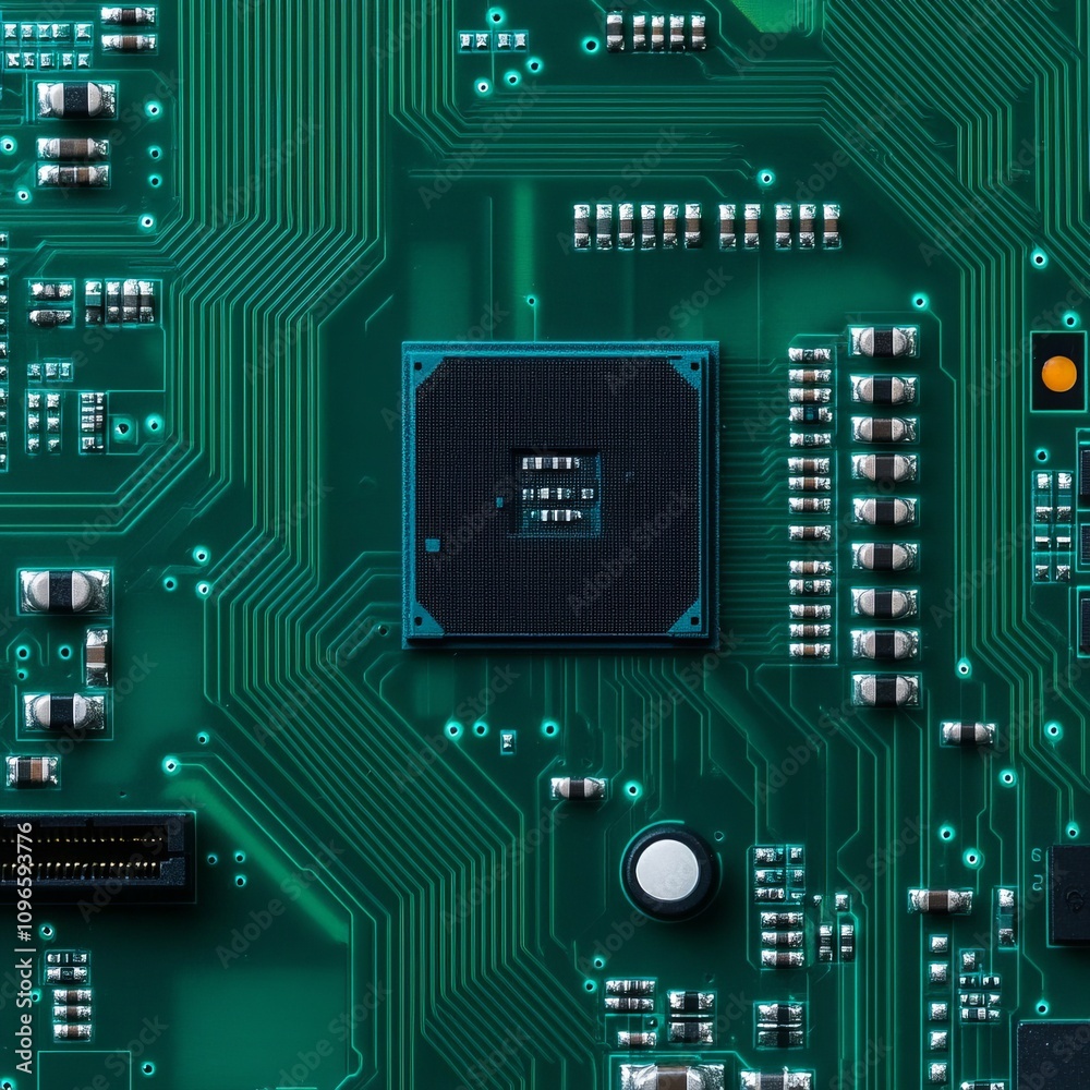 Poster close-up of a circuit board with a central processor.