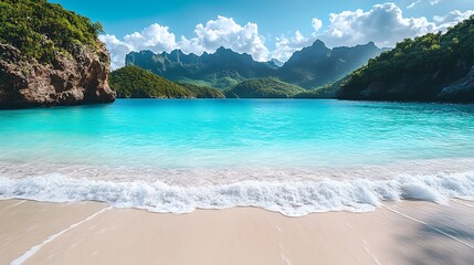 Fototapeta premium Serene turquoise cove with white sand beach and dramatic mountains under a sunny sky.