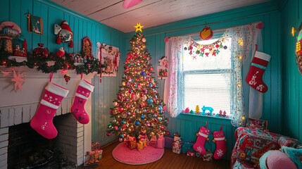 Cozy Christmas Living Room with Colorful Tree and Festive Decor