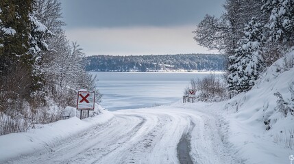 Snowy Road by Frozen Lake Under Gloomy Sky in Winter Landscape