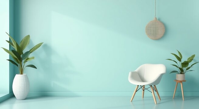 Fototapeta A white armchair with wooden legs sits on a turquoise floor in front of a turquoise wall.