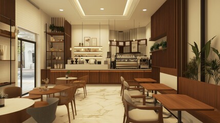 Fototapeta premium A spacious coffee shop with white walls, wooden tables, brown accents, and a seating area designed for both work and relaxation