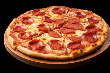 A close-up of a classic pepperoni pizza, featuring generous slices of pepperoni and a bubbling layer of cheese, with herbs sprinkled on top for garnish.