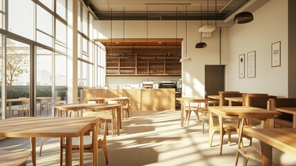 Minimalist coffee shop in white and brown hues, featuring wooden tables for work and an expansive seating area filled with natural light