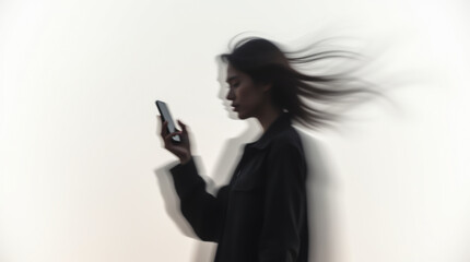 Blurred silhouette of a girl with long hair and a phone in her hands on a light background