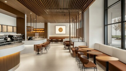Fototapeta premium Modern coffee shop with white walls, brown accents, wooden tables, and an open seating area designed for productivity and comfort