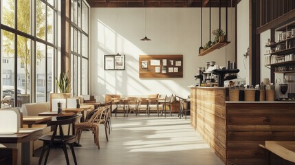 Rustic coffee shop with white and brown tones, spacious wooden tables, and a welcoming seating area for work or gatherings