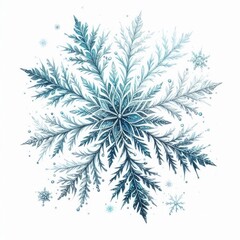 Illustration of watercolor snowflakes in blue and silver tones on a white background. AI generated.