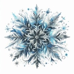 Illustration of watercolor snowflakes in blue and silver tones on a white background. AI generated.