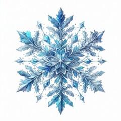 Illustration of watercolor snowflakes in blue and silver tones on a white background. AI generated.