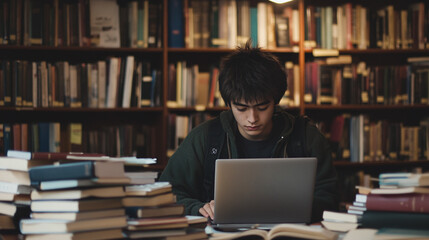 A student in a library, focused on his laptop, surrounded by books and notes, preparing for exams
