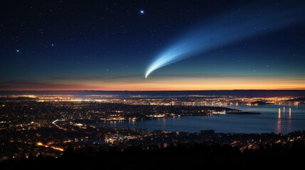 A long-exposure shot of the comet reveals its vibrant tail extending across the horizon, with city lights faintly visible