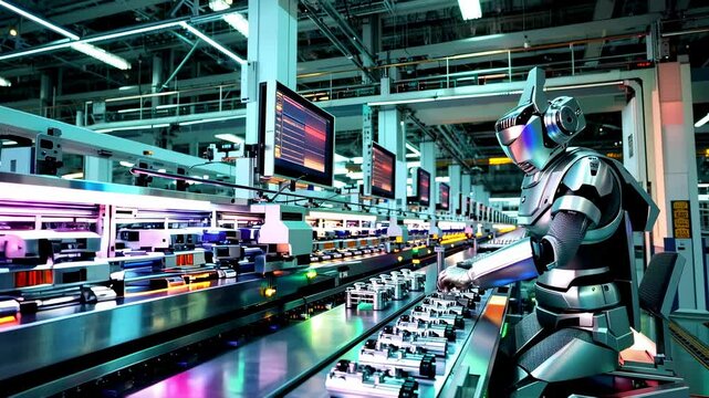 Advanced robot autonomously assembles components on a futuristic production line, replacing human's work