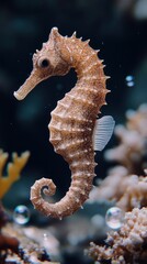 Captivating Close-Up of a Seahorse Gliding Through Coral Reef Waters, Showcasing Intricate Textures and Natural Beauty, Ideal for Nature and Marine Life Projects