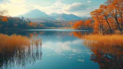 Fototapeta premium Serene Lake with Reflection of Surrounding Mountains and Autumn Foliage in Vibrant Colors Under a Clear Sky and Tranquil Nature Scene