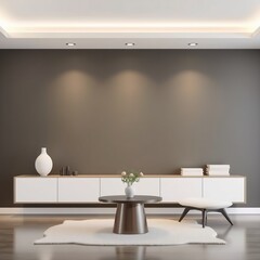 Modern living room interior with white rug, brown floor, and white cabinets.